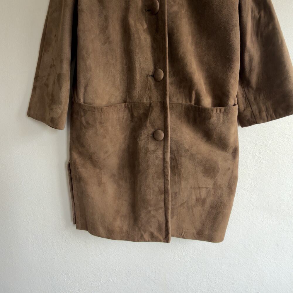 Vintage 1960s Camel Suede Collarless Swing Coat Covered Buttons Mid Century Sz 8 - Picture 3 of 12
